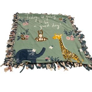 Kids Animal Fleece Throw Blanket - Green with Giraffe, Elephant & Monkey